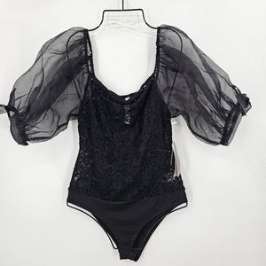 Melograno rico Black Puff Sleeve Bodysuit‎ Floral Sheer Top Size M